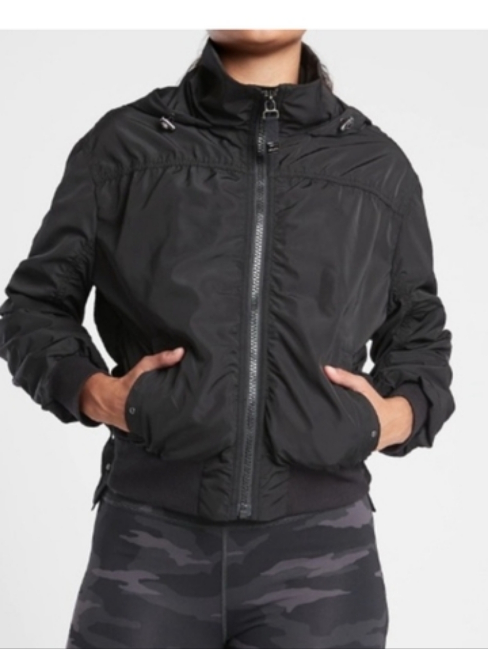 ATHLETA Point Reyes Bomber Hooded Jacket Coat Packable Hood Black XS